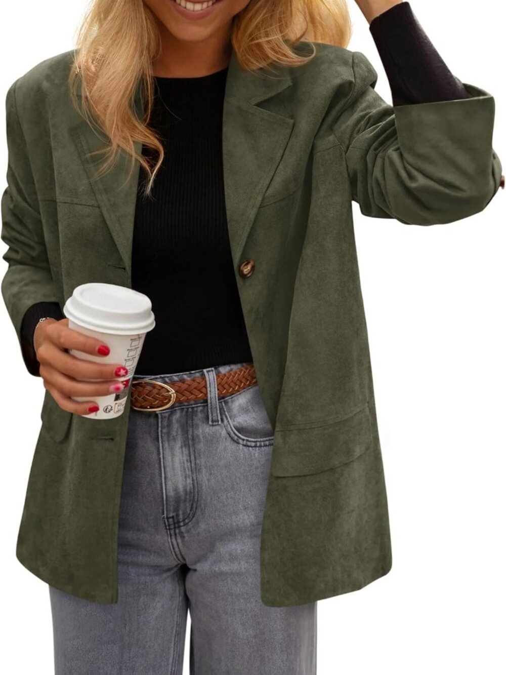 Women's Army Green Faux Suede Western Blazer Jacket Oversized Casual Office Work